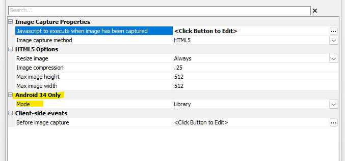 Updated: "Image Capture - Camera/Photo Library" action genie showing Android 14 Mode.